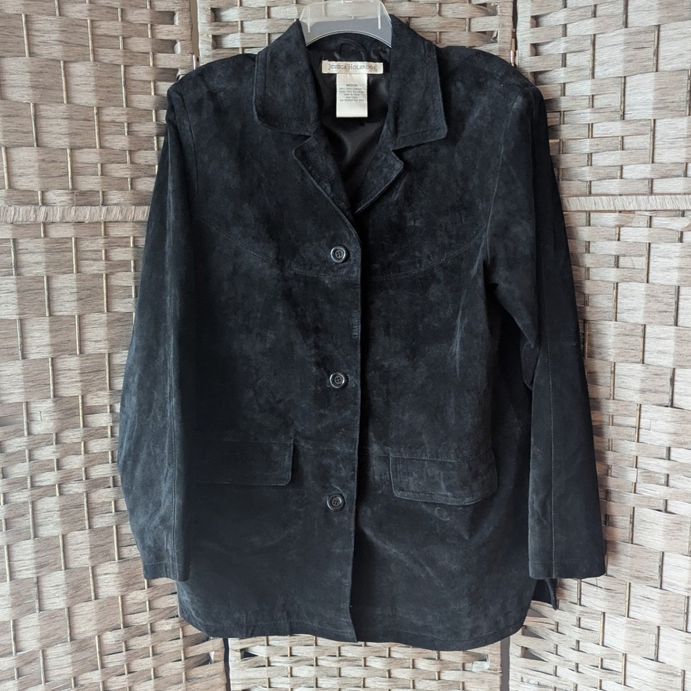 Vtg 90s Black Suede Jacket Leather Button Front Sz M Classic Capsule Oversized
